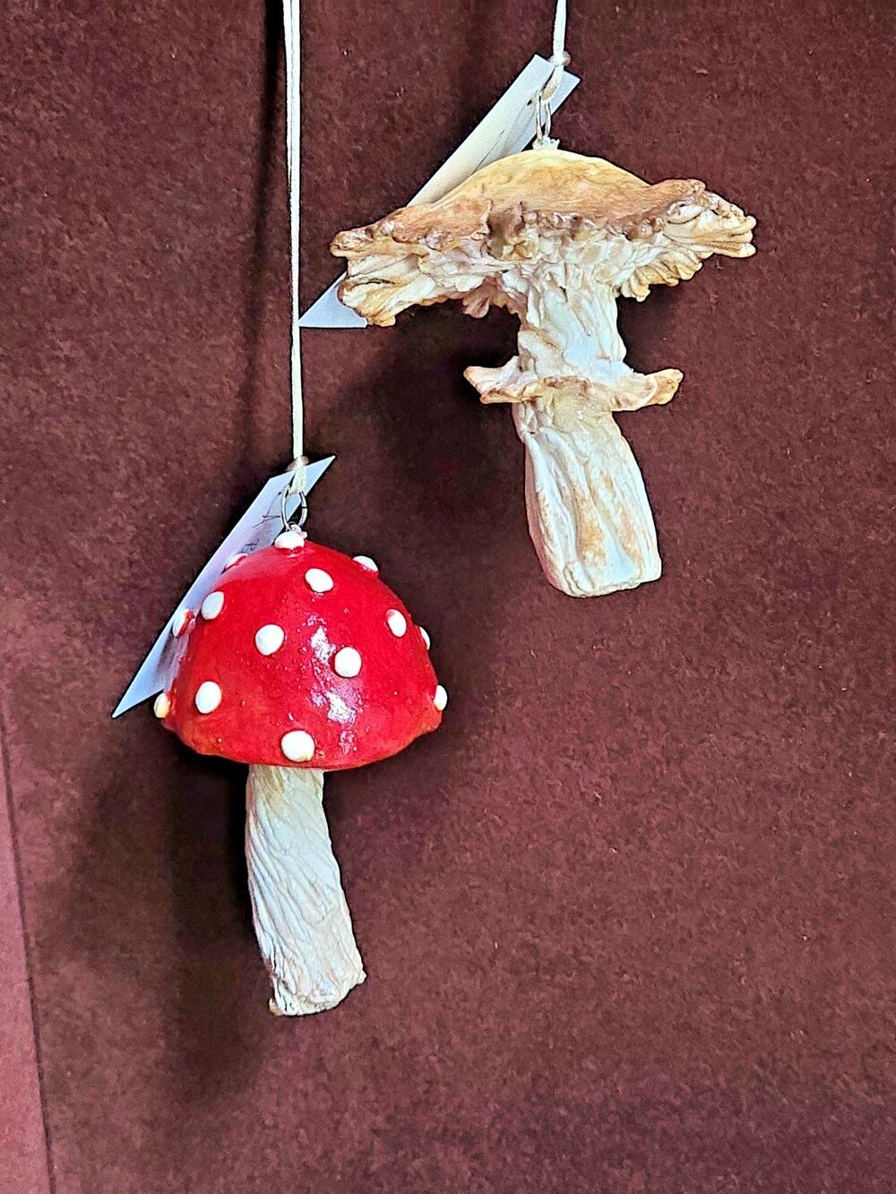 Set of 2 Handmade Mushroom and Toadstool OOAK Artist Signed Ornaments